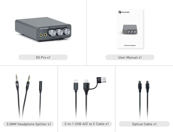 Kompletny zestaw i zawartość opakowania Fosi Audio K5 Pro